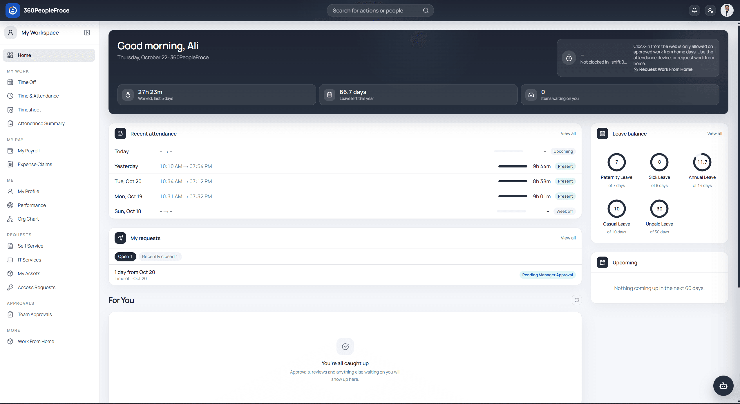 360PeopleForce My Workspace with time worked, leave left, recent attendance, leave balances and requests