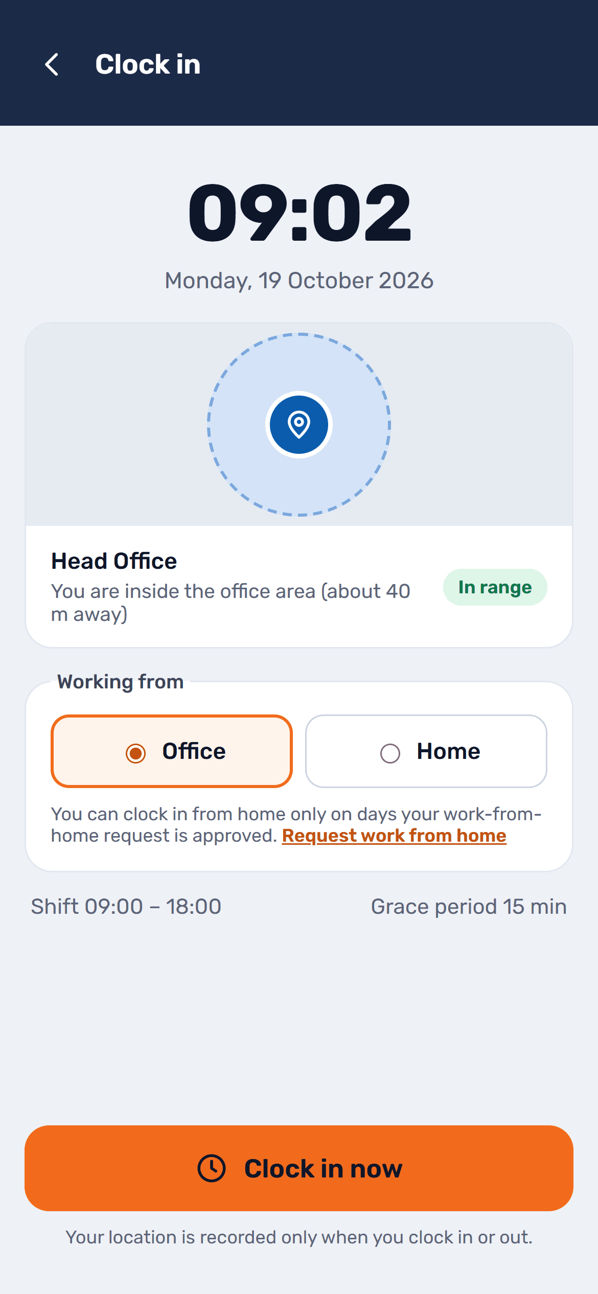 360PeopleForce app clock-in screen showing the office location in range, office or home, and the Clock in now button