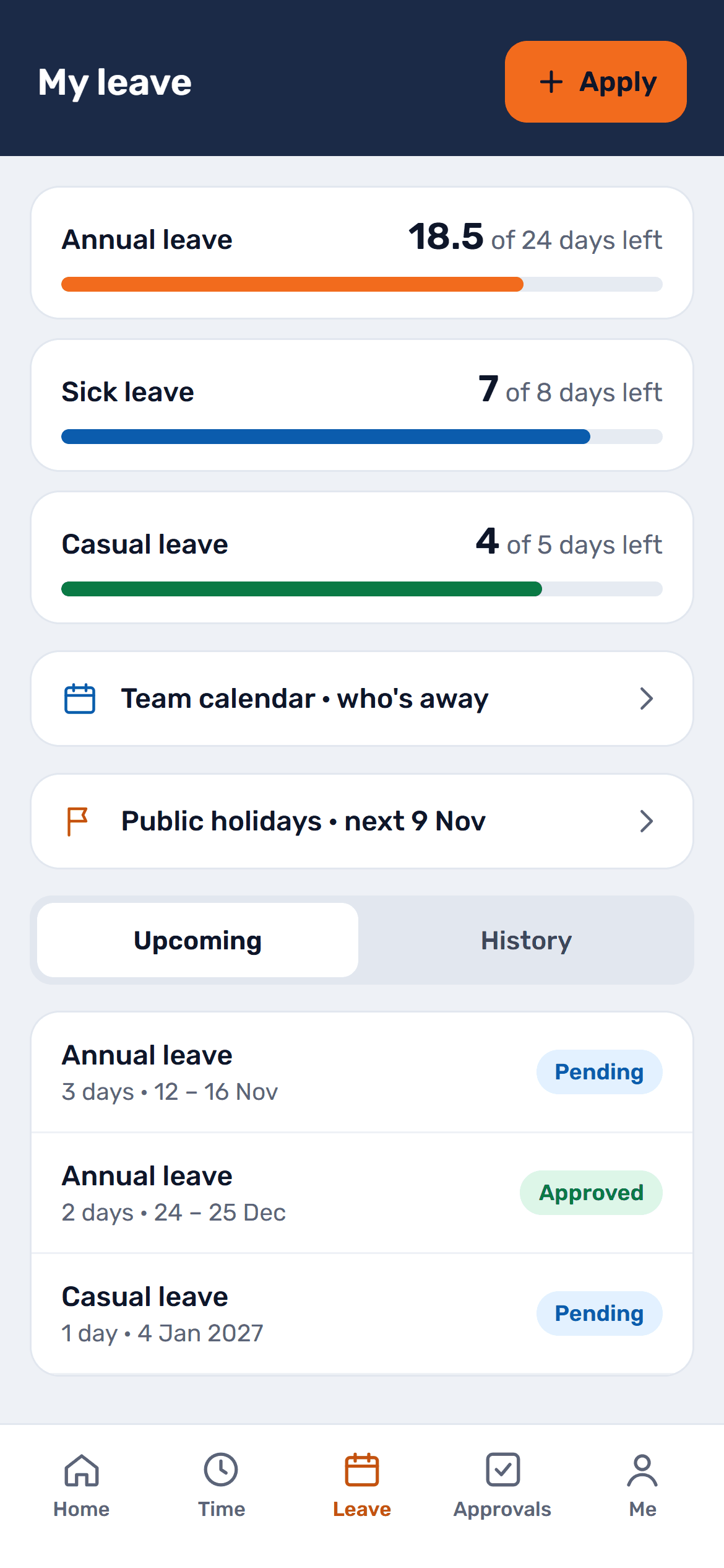 360PeopleForce app leave screen with annual, sick and casual leave balances and upcoming requests